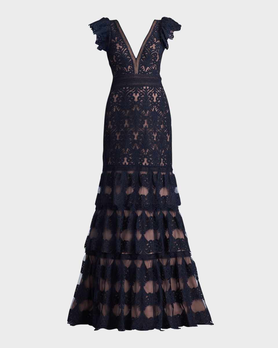 Flutter-Sleeve Deep V-Neck Ruffle Lace Gown